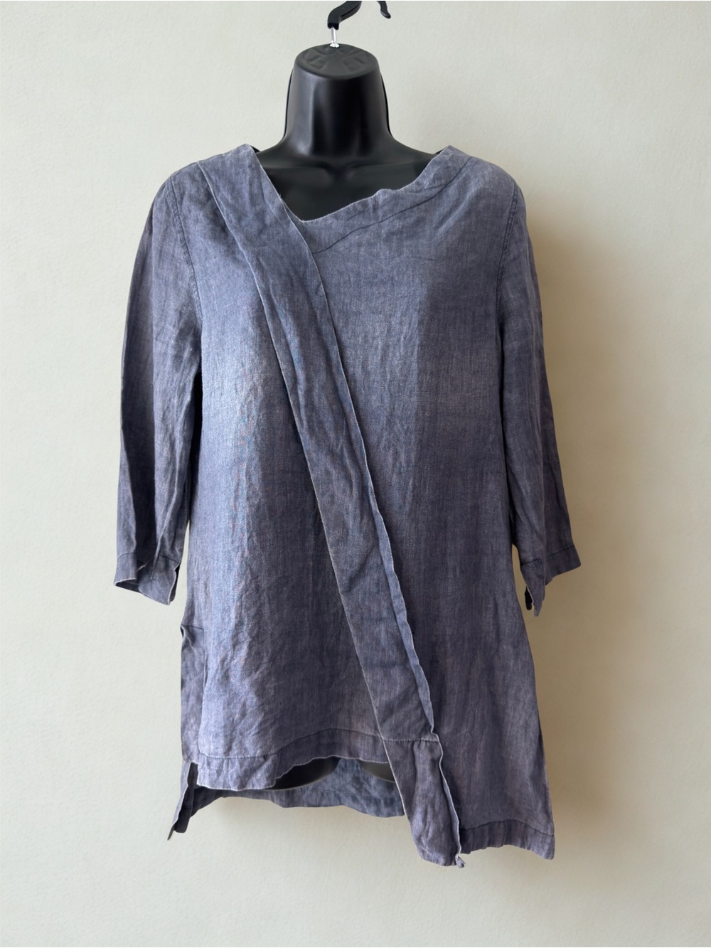 Relaxed Washed Blue-Gray Linen Tunic with Asymmetric Front from Finnish Designer